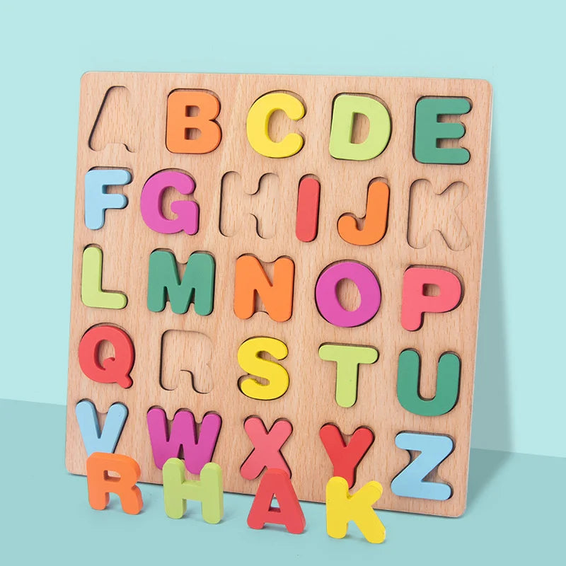 Wooden Puzzle Alphabet Number Shape Matching Board Baby Early Learning 3D Puzzle Preschool Educational Toys For Children